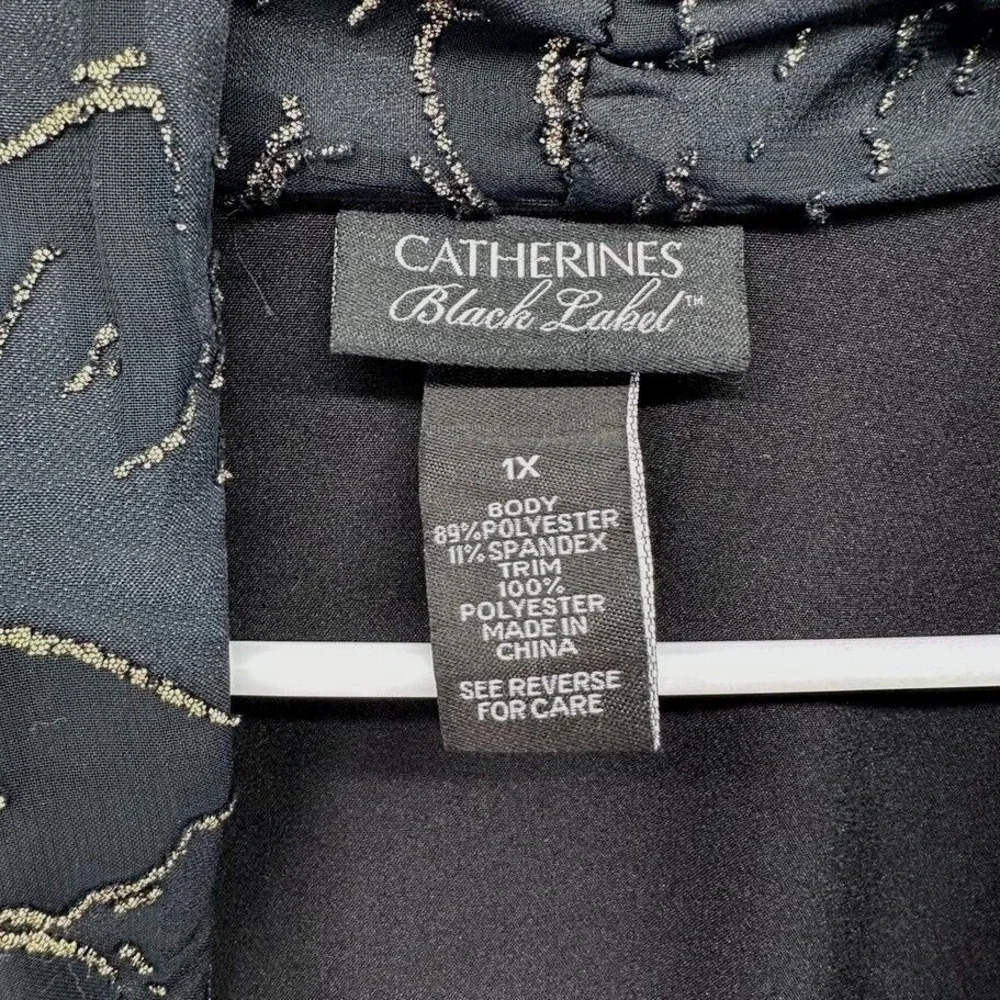 Catherines Black Label Blazer 1X Open Front Jacket Flowy Black Gold Trim Collar‎